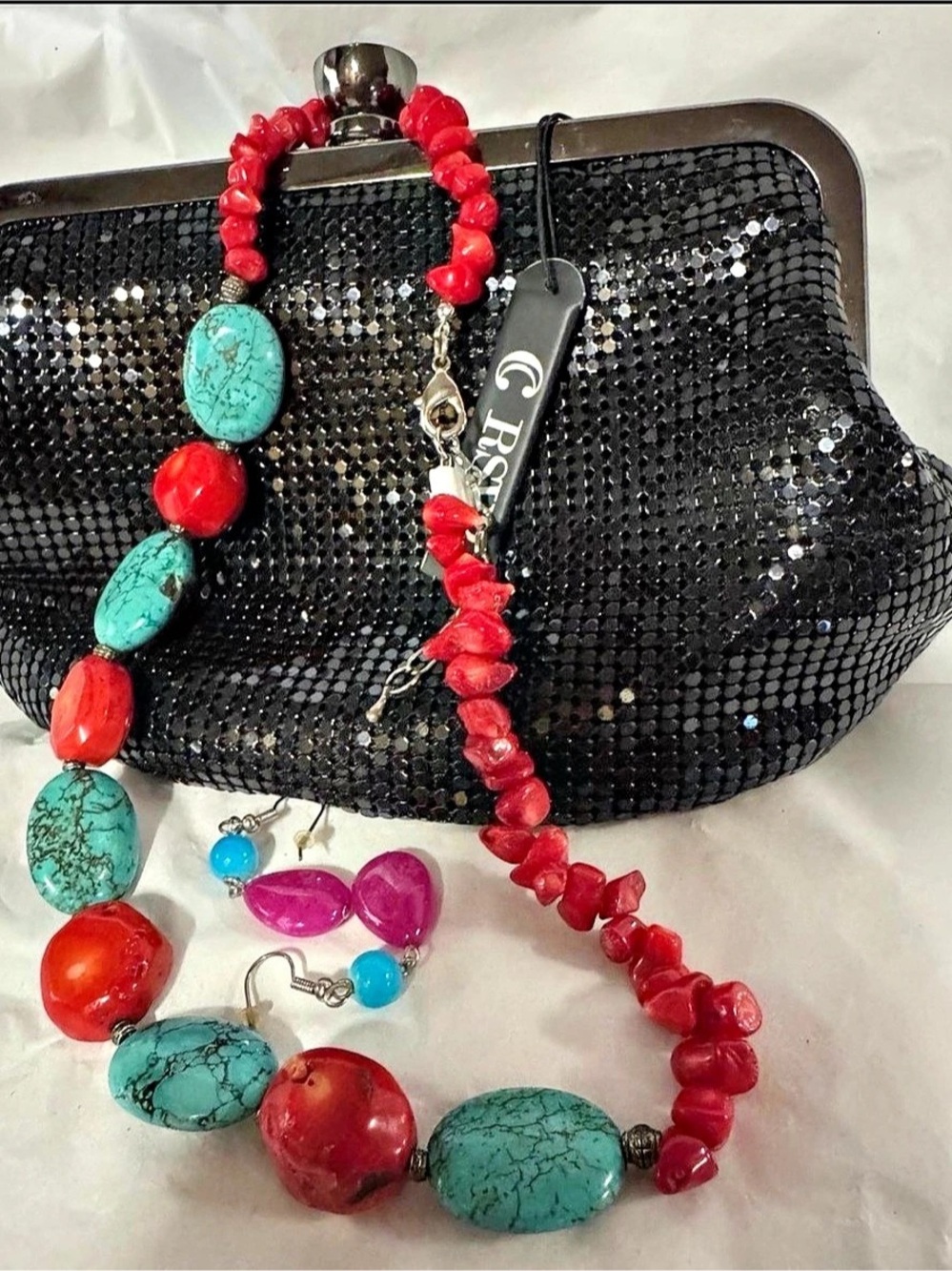 Red & Turquoise Colored  Jewelry Set Like New w/ Charming Clutch   PU15